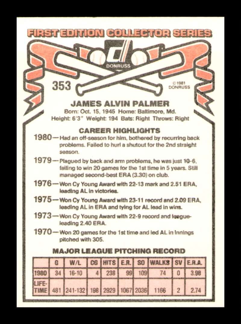 Load image into Gallery viewer, 1981 Donruss Jim Palmer #353 Baltimore Orioles Image 2
