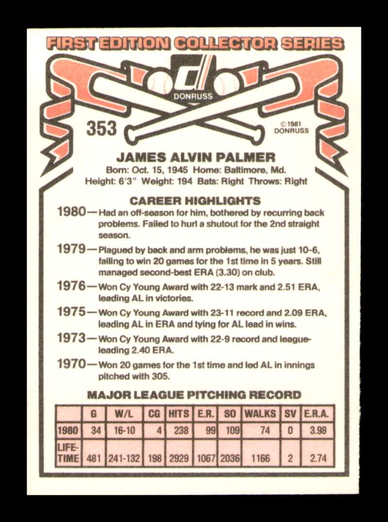 Load image into Gallery viewer, 1981 Donruss Jim Palmer #353 Baltimore Orioles Image 2
