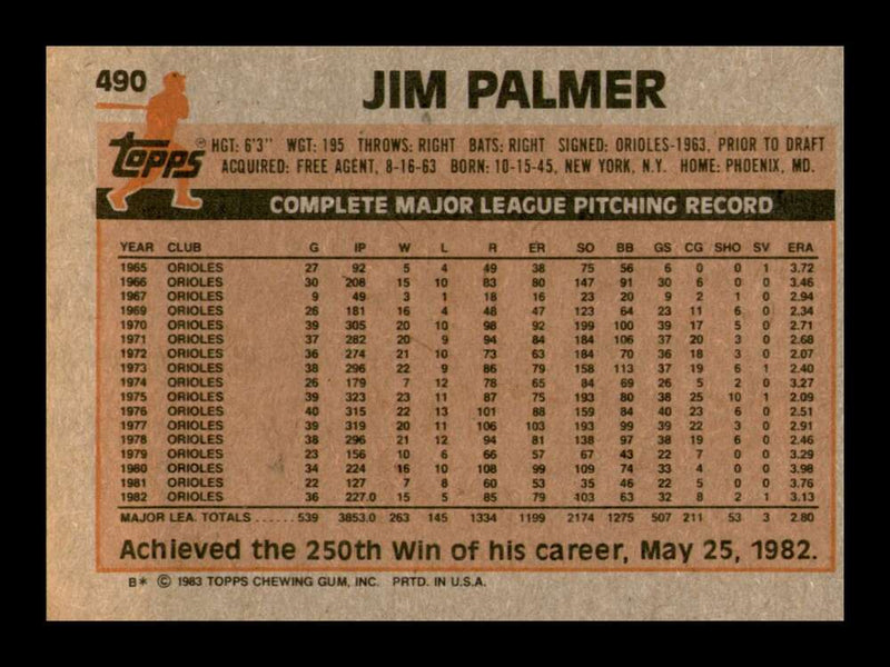 Load image into Gallery viewer, 1983 Topps Jim Palmer #490 Baltimore Orioles Image 2
