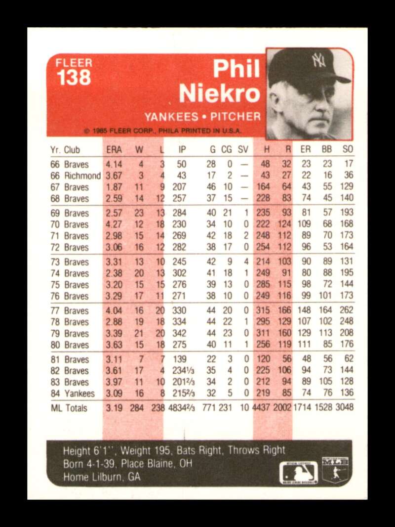 Load image into Gallery viewer, 1985 Fleer Phil Niekro #138 New York Yankees Image 2
