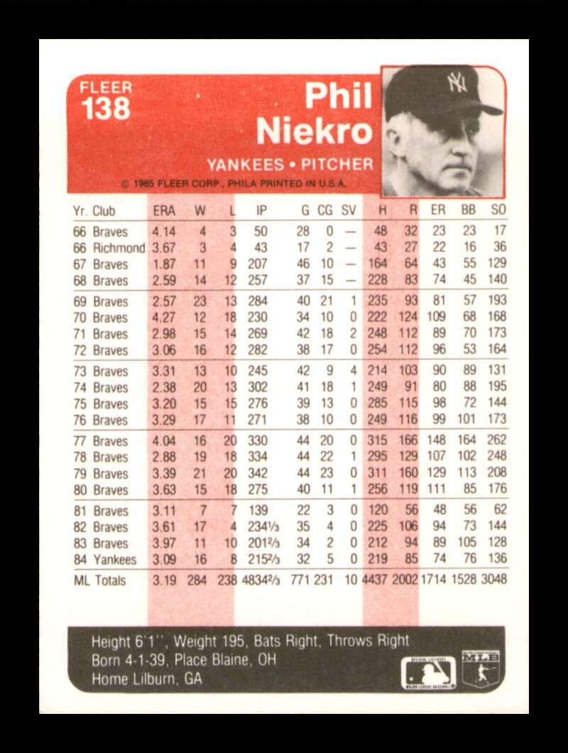 Load image into Gallery viewer, 1985 Fleer Phil Niekro #138 New York Yankees Image 2
