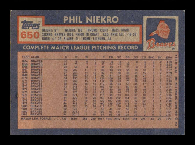 Load image into Gallery viewer, 1984 Topps Phil Niekro #650 Atlanta Braves Image 2
