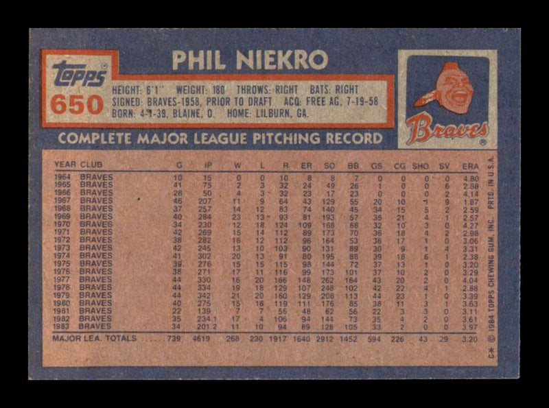 Load image into Gallery viewer, 1984 Topps Phil Niekro #650 Atlanta Braves Image 2
