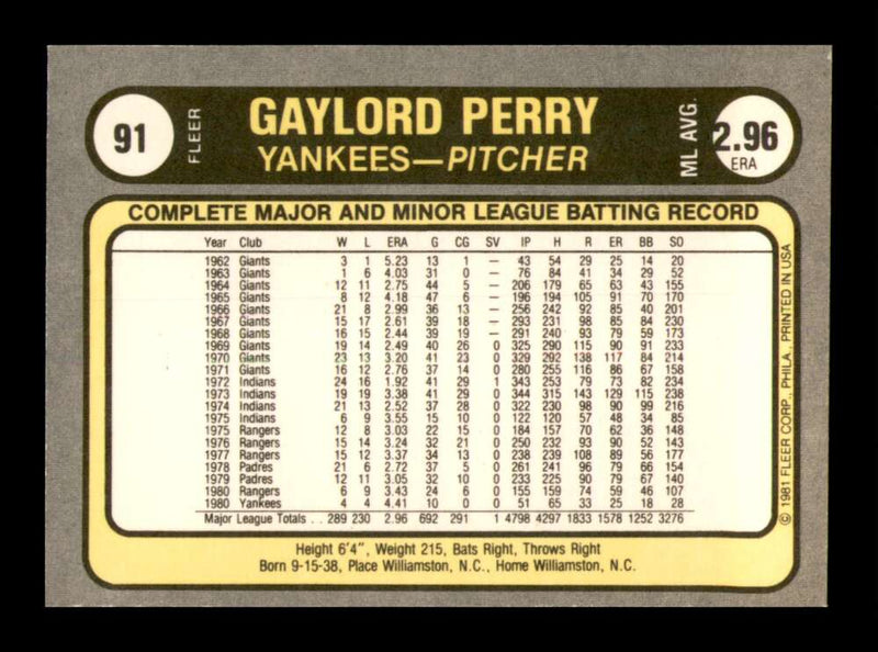 Load image into Gallery viewer, 1981 Fleer Gaylord Perry #91 New York Yankees Image 2
