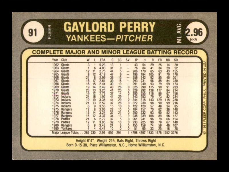 Load image into Gallery viewer, 1981 Fleer Gaylord Perry #91 New York Yankees Image 2
