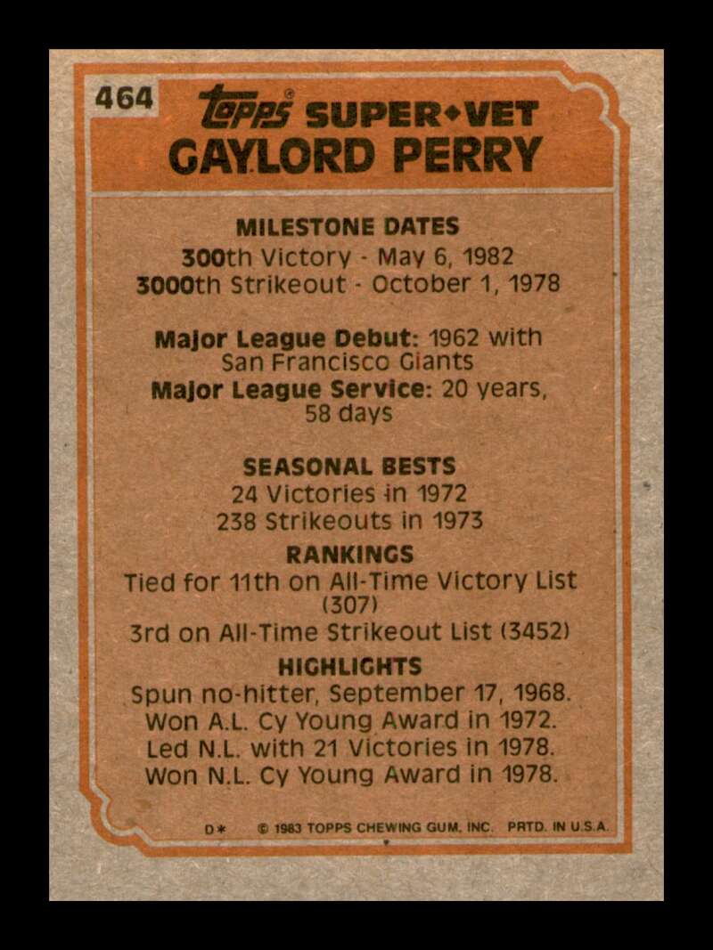 Load image into Gallery viewer, 1983 Topps Gaylord Perry #464 Super Veteran Seattle Mariners Image 2
