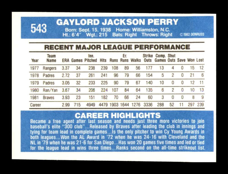 Load image into Gallery viewer, 1982 Donruss Gaylord Perry #543 Atlanta Braves Image 2
