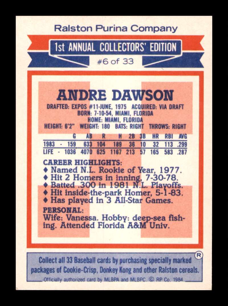 Load image into Gallery viewer, 1984 Topps Ralston Purina Andre Dawson #6 Montreal Expos Image 2
