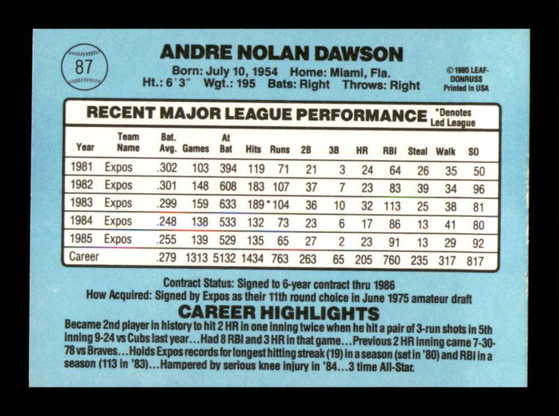 Load image into Gallery viewer, 1986 Donruss Andre Dawson #87 Montreal Expos Image 2
