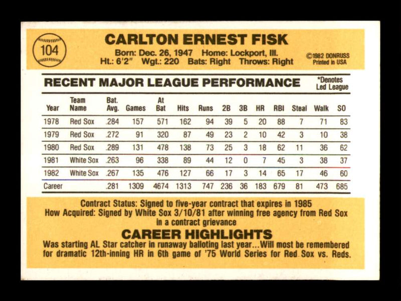 Load image into Gallery viewer, 1983 Donruss Carlton Fisk #104 Chicago White Sox Image 2
