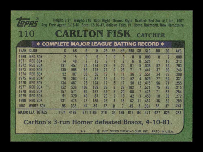 Load image into Gallery viewer, 1982 Topps Carlton Fisk #110 Chicago White Sox Image 2
