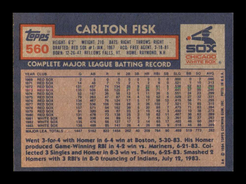 Load image into Gallery viewer, 1984 Topps Carlton Fisk #560 Chicago White Sox Image 2
