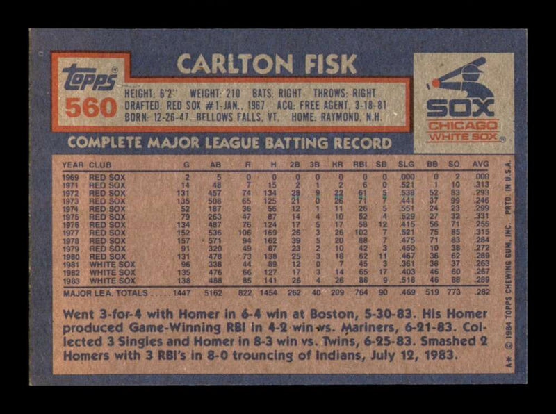 Load image into Gallery viewer, 1984 Topps Carlton Fisk #560 Chicago White Sox Image 2
