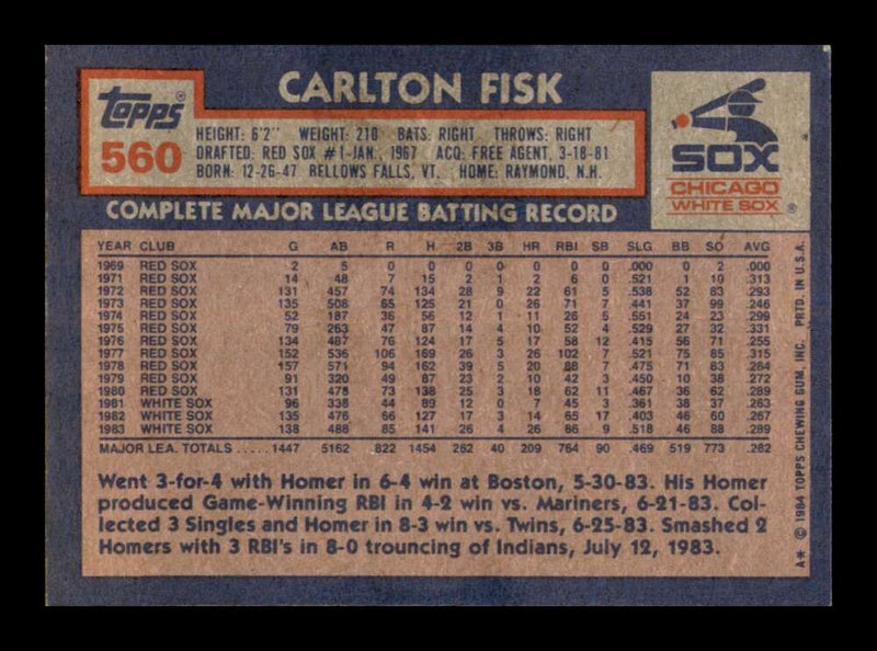 Load image into Gallery viewer, 1984 Topps Carlton Fisk #560 Chicago White Sox Image 2
