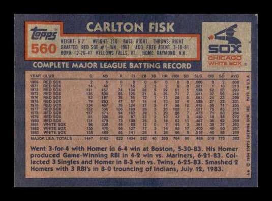 1984 Topps Carlton Fisk