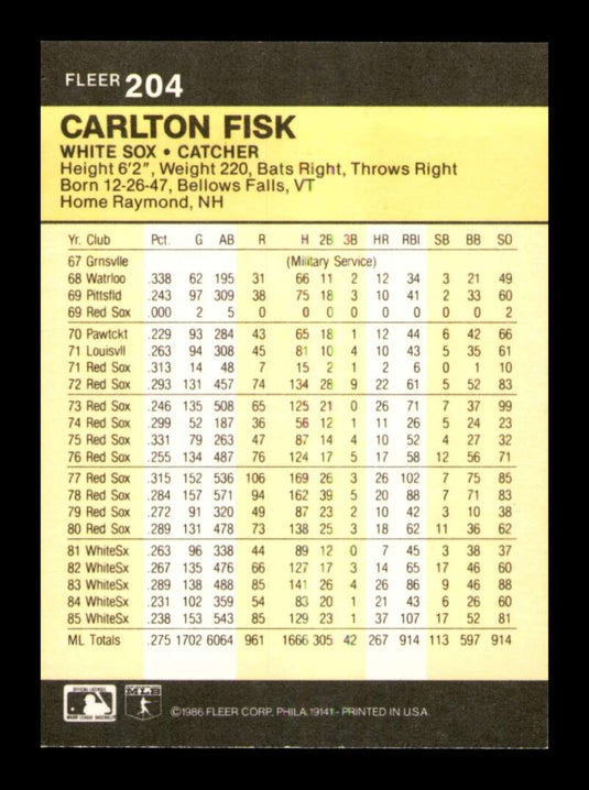 1986 Fleer Carlton Fisk 