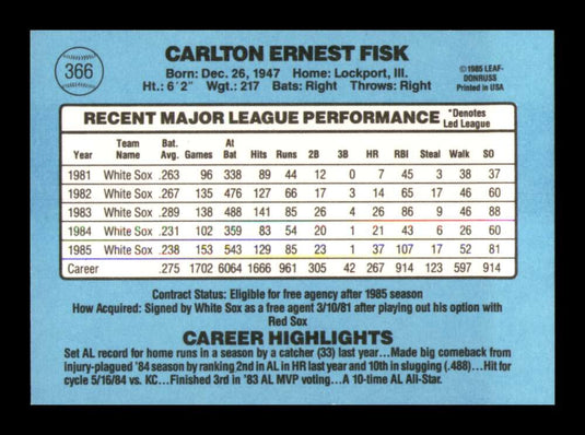 1986 Donruss Carlton Fisk