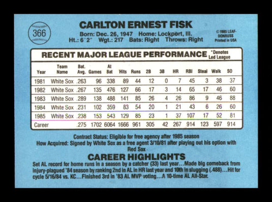 1986 Donruss Carlton Fisk