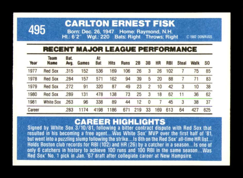 Load image into Gallery viewer, 1982 Donruss Carlton Fisk #495 Chicago White Sox Image 2
