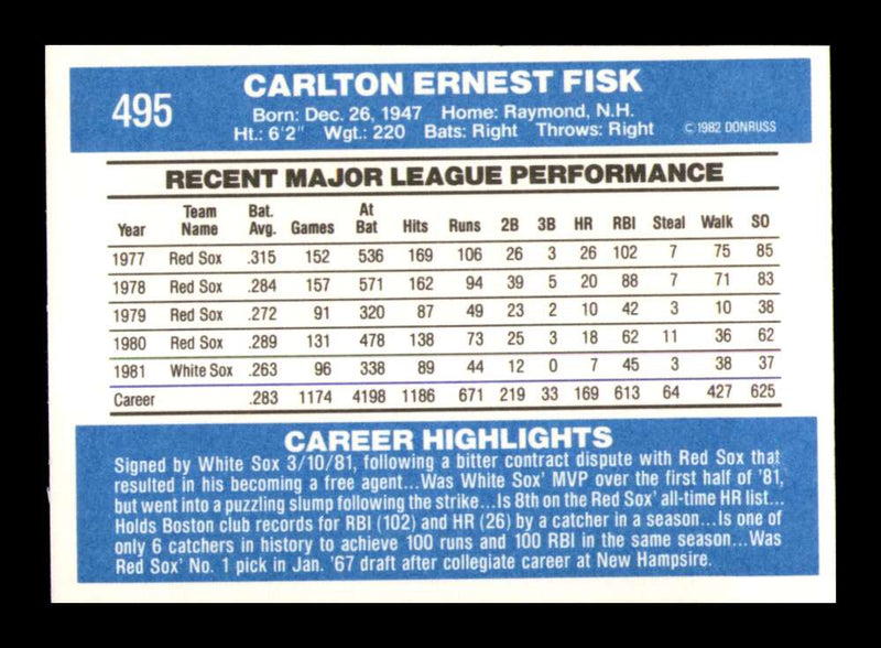 Load image into Gallery viewer, 1982 Donruss Carlton Fisk #495 Chicago White Sox Image 2
