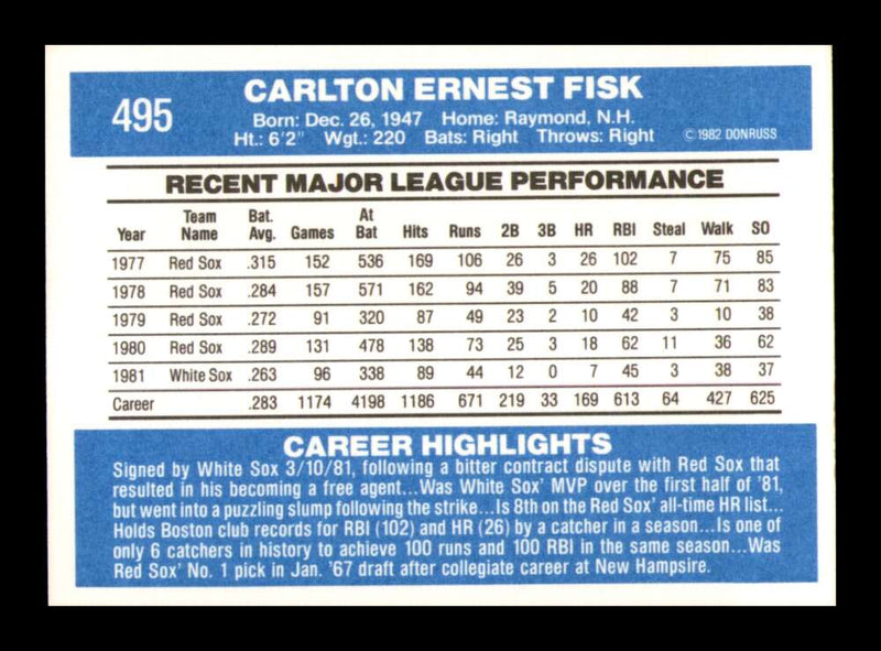 Load image into Gallery viewer, 1982 Donruss Carlton Fisk #495 Chicago White Sox Image 2
