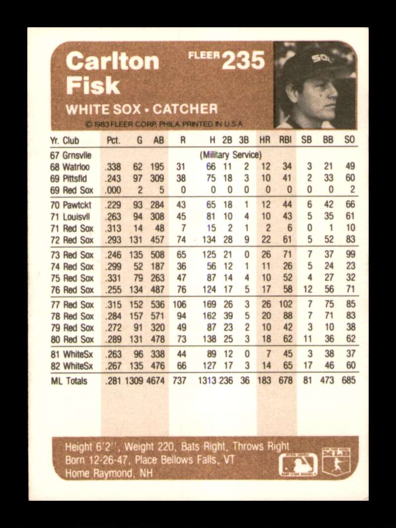 Load image into Gallery viewer, 1983 Fleer Carlton Fisk #235 Chicago White Sox Image 2
