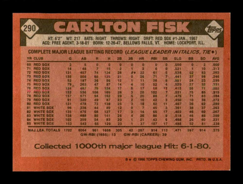 Load image into Gallery viewer, 1986 Topps Carlton Fisk #290 Chicago White Sox Image 2
