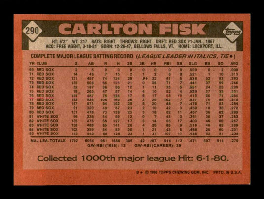 1986 Topps Carlton Fisk 