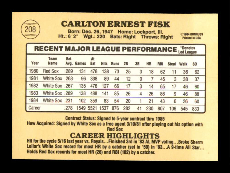 Load image into Gallery viewer, 1985 Donruss Carlton Fisk #208 Chicago White Sox Image 2
