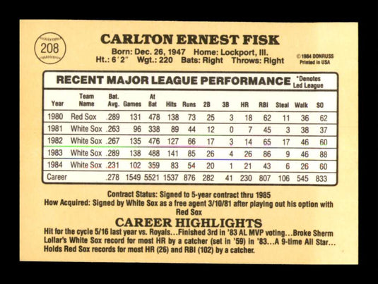 1985 Donruss Carlton Fisk 