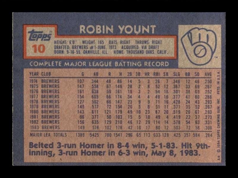 Load image into Gallery viewer, 1984 Topps Robin Yount #10 Milwaukee Brewers Image 2
