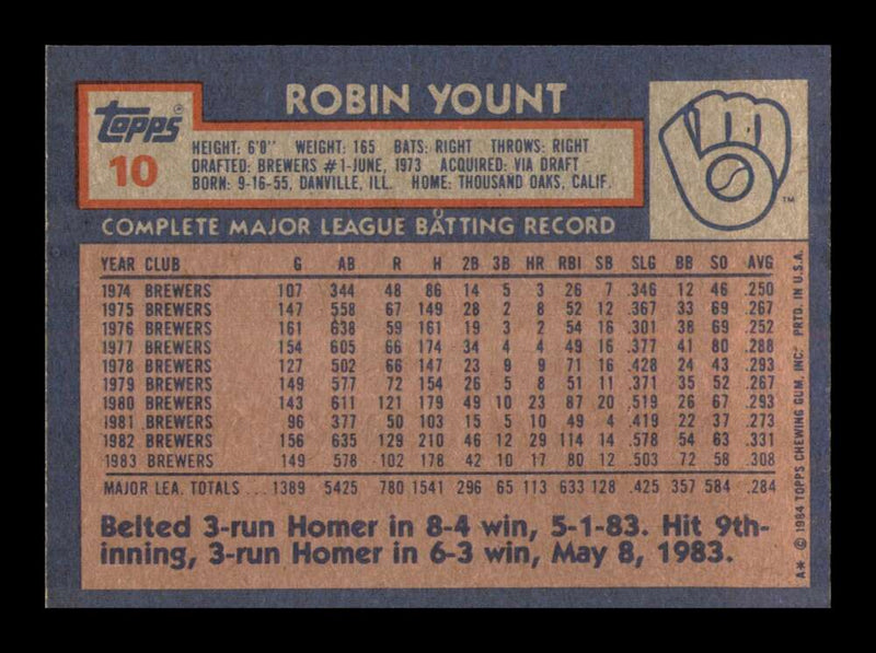 Load image into Gallery viewer, 1984 Topps Robin Yount #10 Milwaukee Brewers Image 2
