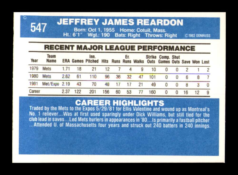 Load image into Gallery viewer, 1982 Donruss Jeff Reardon #547 Montreal Expos Image 2
