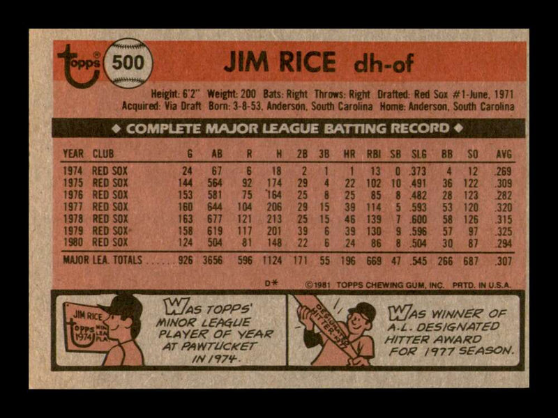 Load image into Gallery viewer, 1981 Topps Jim Rice #500 Boston Red Sox Image 2
