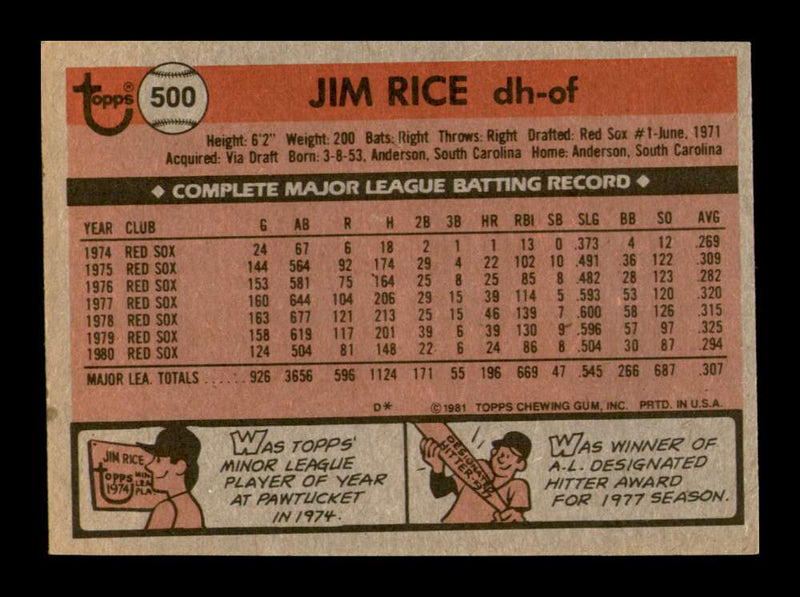 Load image into Gallery viewer, 1981 Topps Jim Rice #500 Boston Red Sox Image 2
