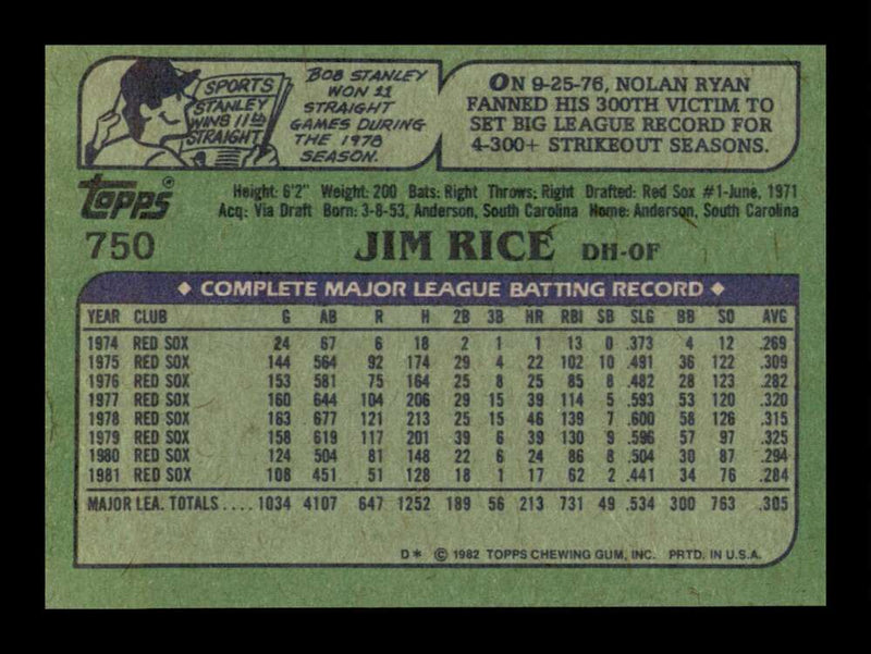 Load image into Gallery viewer, 1982 Topps Jim Rice #750 Boston Red Sox Image 2
