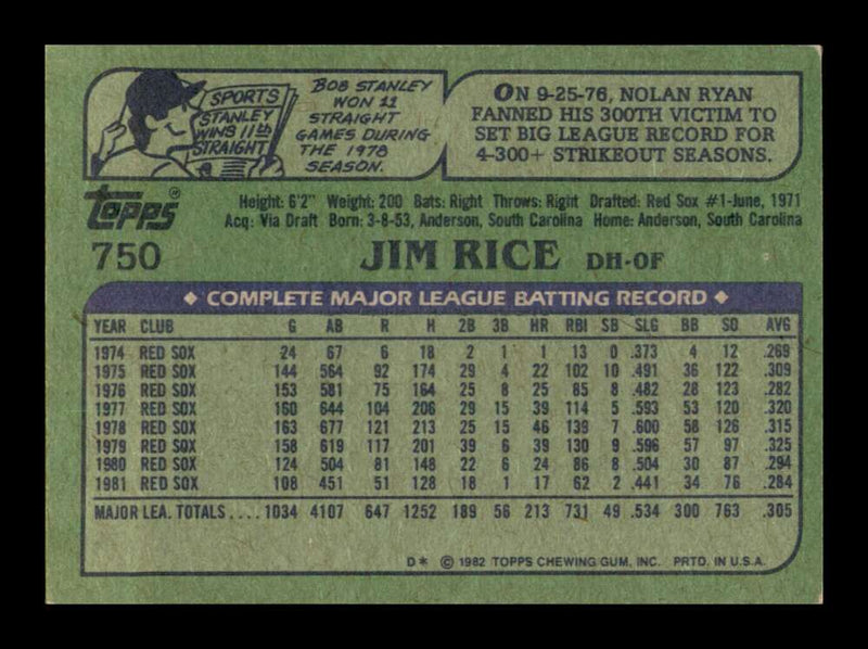 Load image into Gallery viewer, 1982 Topps Jim Rice #750 Boston Red Sox Image 2
