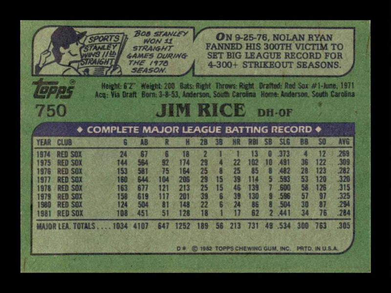 Load image into Gallery viewer, 1982 Topps Jim Rice #750 Boston Red Sox Image 2
