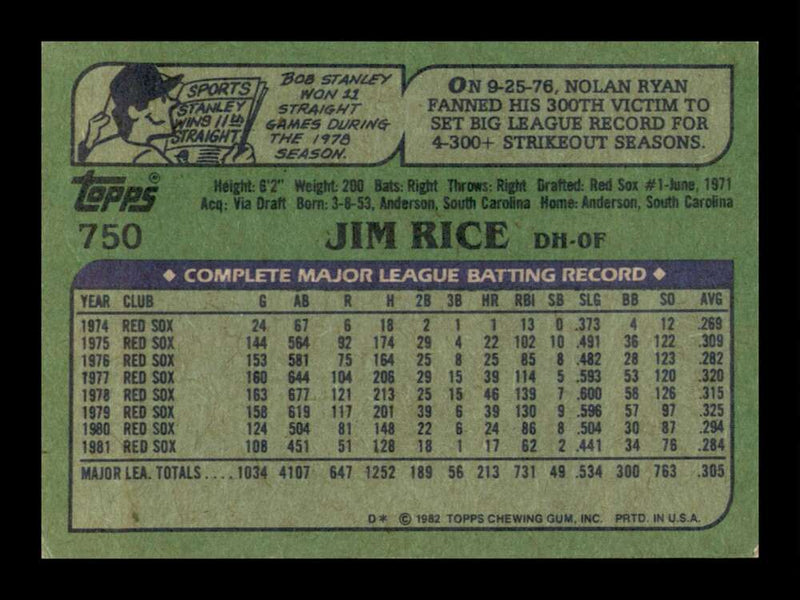 Load image into Gallery viewer, 1982 Topps Jim Rice #750 Boston Red Sox Image 2
