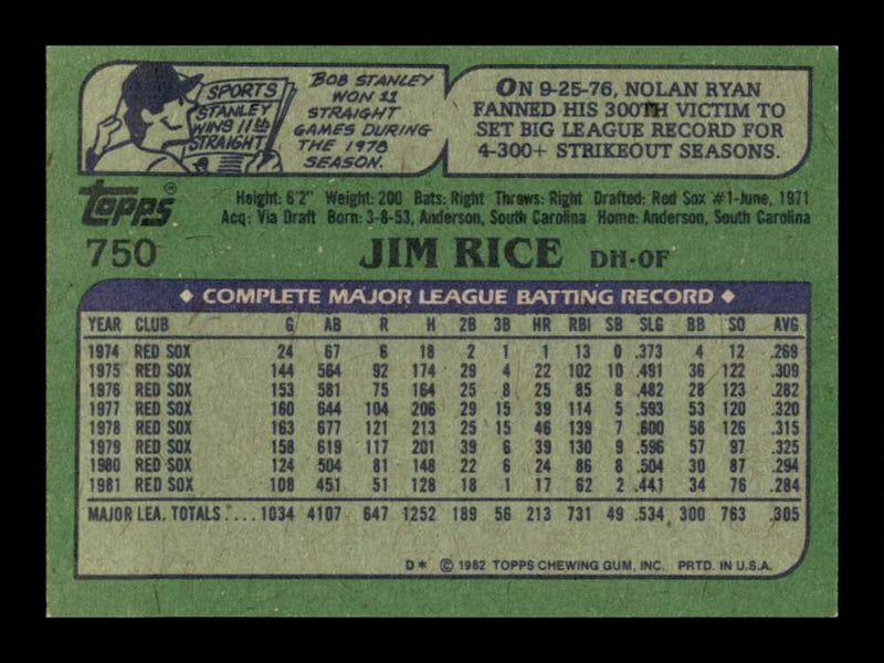 Load image into Gallery viewer, 1982 Topps Jim Rice #750 Boston Red Sox Image 2
