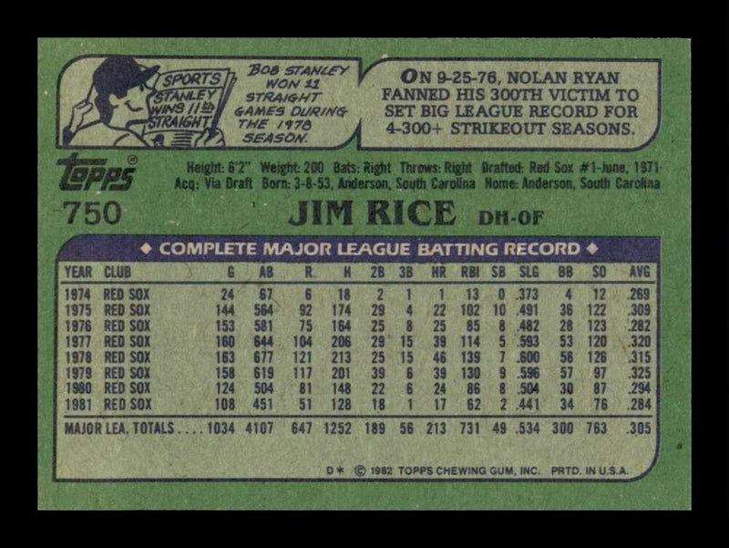 Load image into Gallery viewer, 1982 Topps Jim Rice #750 Boston Red Sox Image 2
