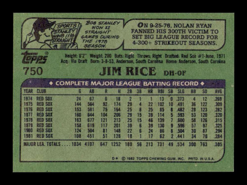 Load image into Gallery viewer, 1982 Topps Jim Rice #750 Boston Red Sox Image 2
