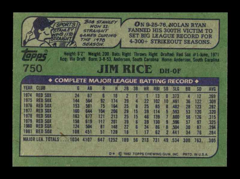 Load image into Gallery viewer, 1982 Topps Jim Rice #750 Boston Red Sox Image 2
