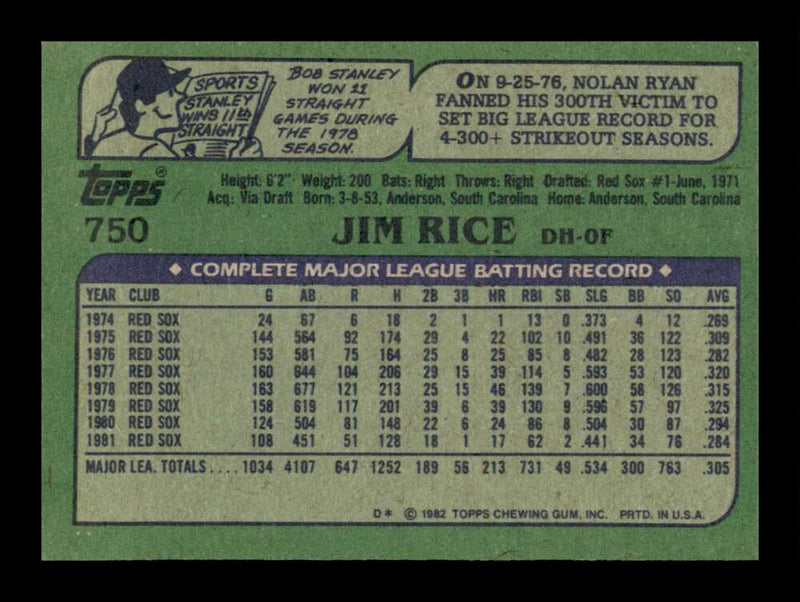 Load image into Gallery viewer, 1982 Topps Jim Rice #750 Boston Red Sox Image 2
