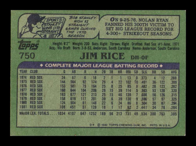 Load image into Gallery viewer, 1982 Topps Jim Rice #750 Boston Red Sox Image 2
