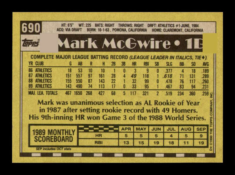 Load image into Gallery viewer, 1990 Topps Mark McGwire #690 Oakland Athletics Image 2
