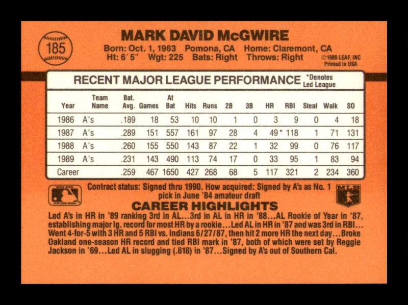 Load image into Gallery viewer, 1990 Donruss Mark McGwire #185 Oakland Athletics Image 2
