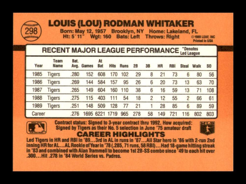 Load image into Gallery viewer, 1989 Donruss Lou Whitaker #298 Detroit Tigers Image 2
