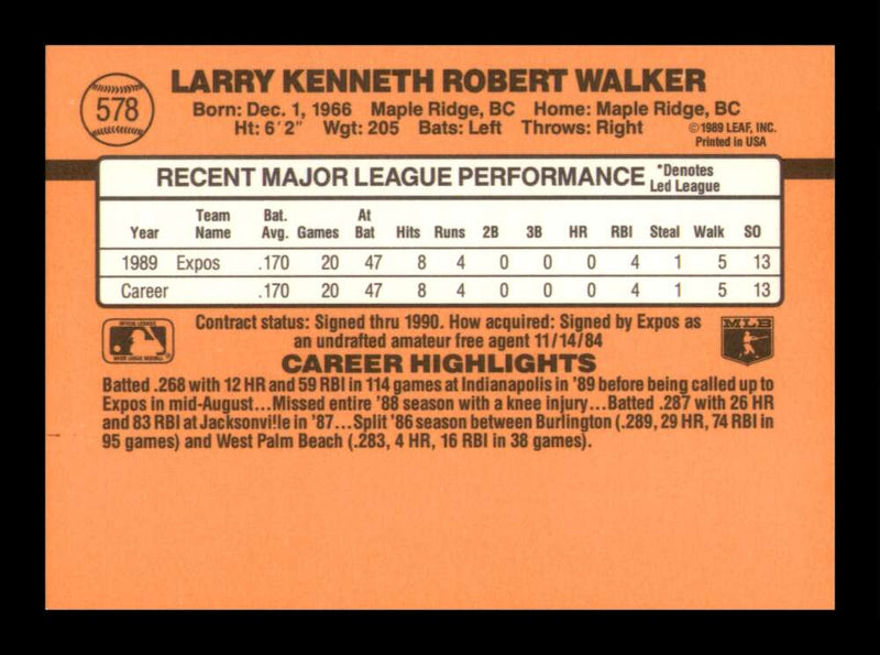 Load image into Gallery viewer, 1990 Donruss Larry Walker #578 Rookie RC Montreal Expos Image 2
