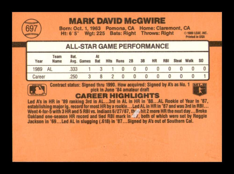 Load image into Gallery viewer, 1990 Donruss Mark McGwire #697 Oakland Athletics Image 2
